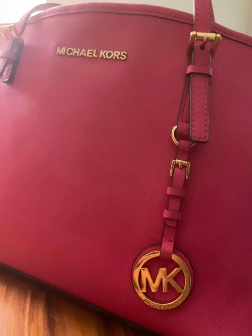 Michael Kors Fuchsia Saffiano Leather Tote with Gold Hardware